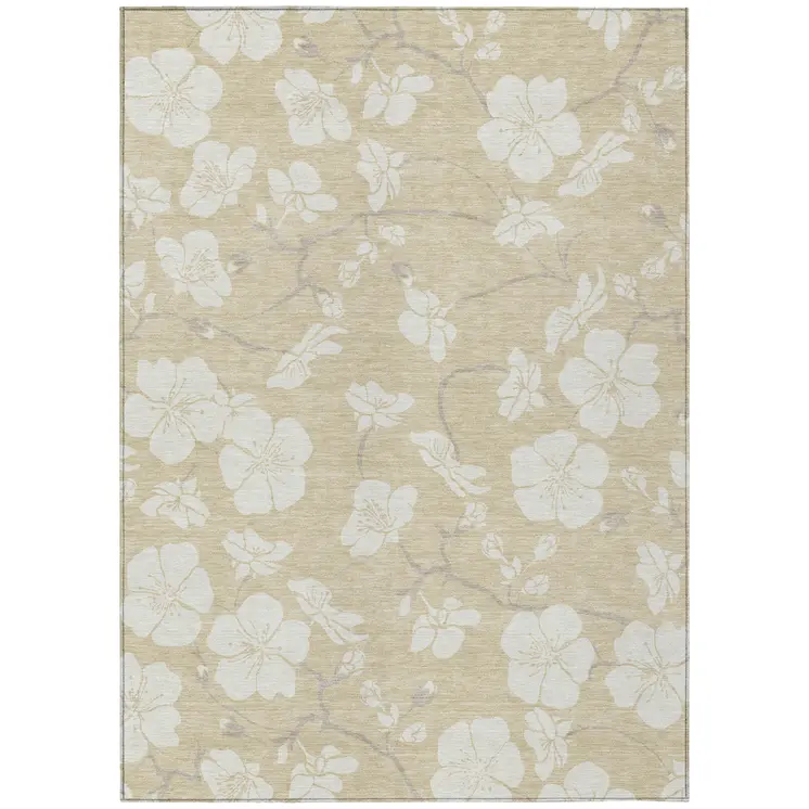 5' X 8' Beige And Ivory Floral Washable Indoor Outdoor Area Rug