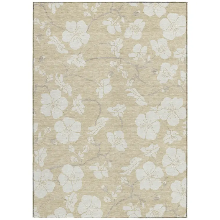 5' X 8' Beige And Ivory Floral Washable Indoor Outdoor Area Rug