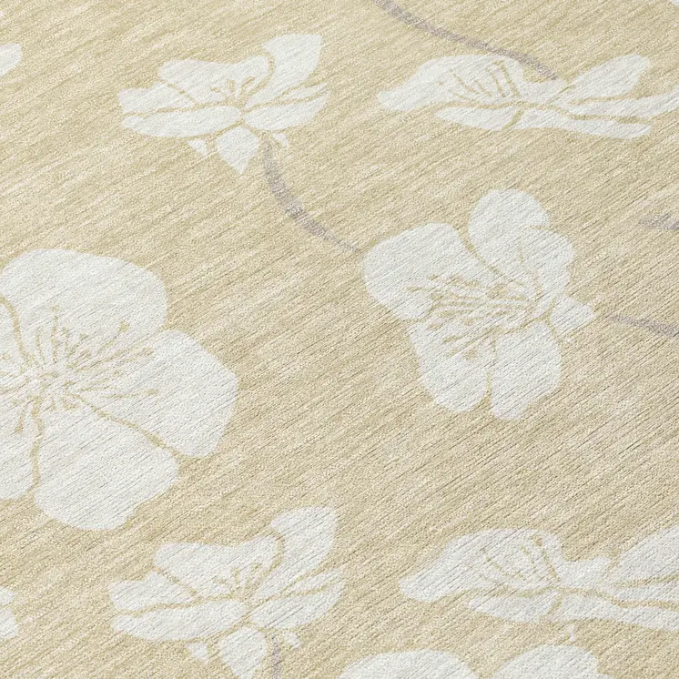 5' X 8' Beige And Ivory Floral Washable Indoor Outdoor Area Rug