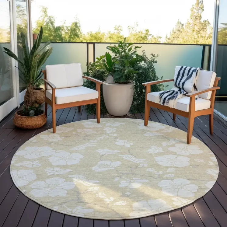 8' Beige And Ivory Round Floral Washable Indoor Outdoor Area Rug