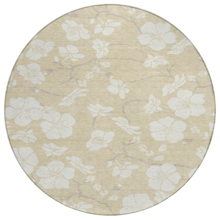 8' Beige And Ivory Round Floral Washable Indoor Outdoor Area Rug