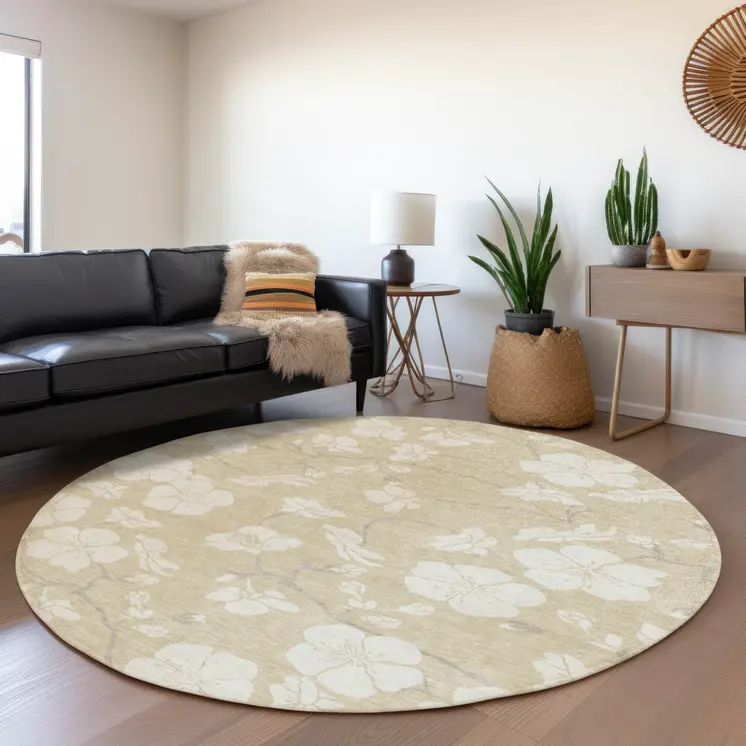 8' Beige And Ivory Round Floral Washable Indoor Outdoor Area Rug