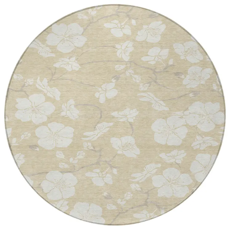 8' Beige And Ivory Round Floral Washable Indoor Outdoor Area Rug