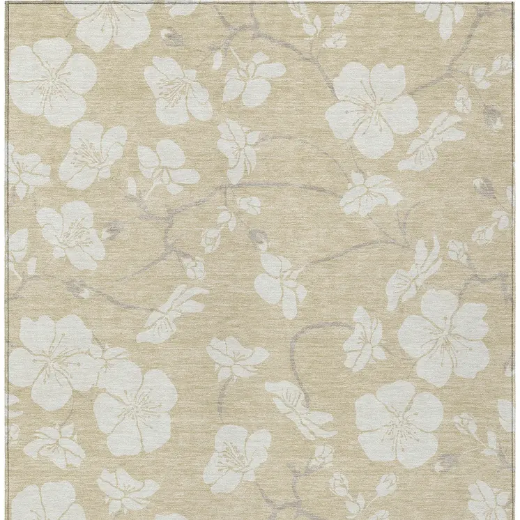 9' X 12' Beige And Ivory Floral Washable Indoor Outdoor Area Rug