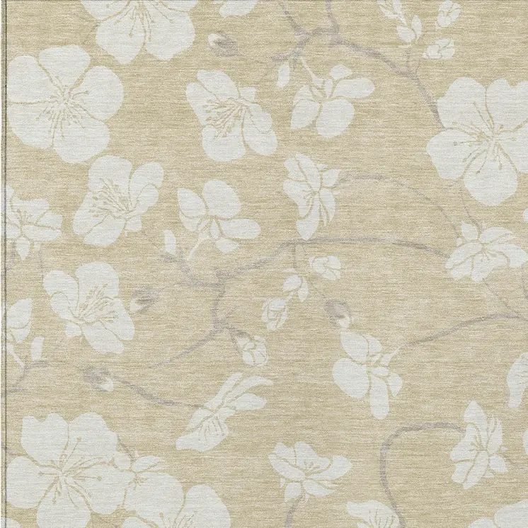 10' X 14' Beige And Ivory Floral Washable Indoor Outdoor Area Rug