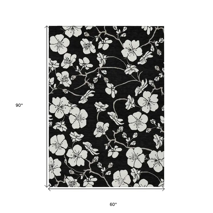 5' X 8' Black Ivory And Gray Floral Washable Indoor Outdoor Area Rug
