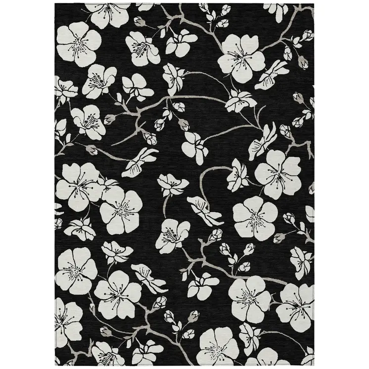 5' X 8' Black Ivory And Gray Floral Washable Indoor Outdoor Area Rug