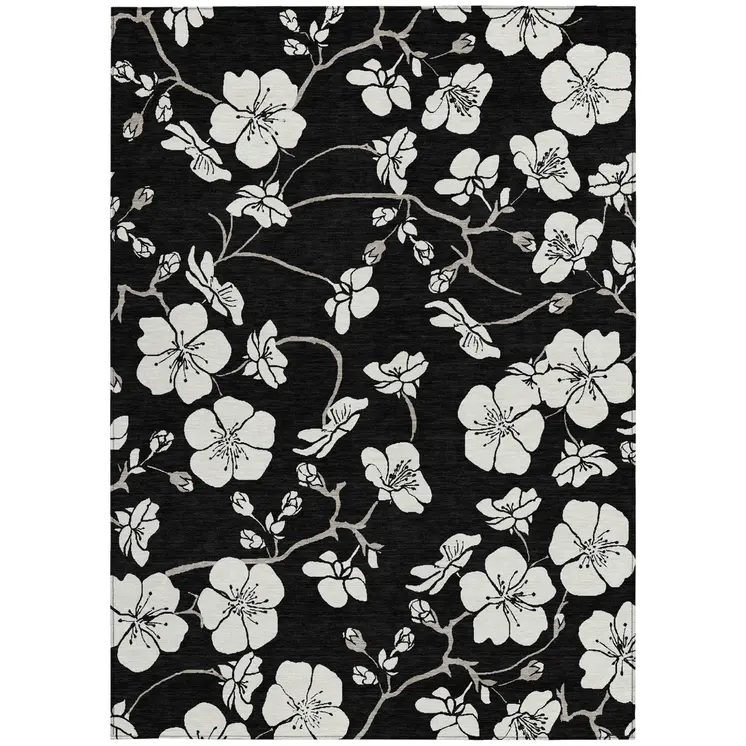 5' X 8' Black Ivory And Gray Floral Washable Indoor Outdoor Area Rug