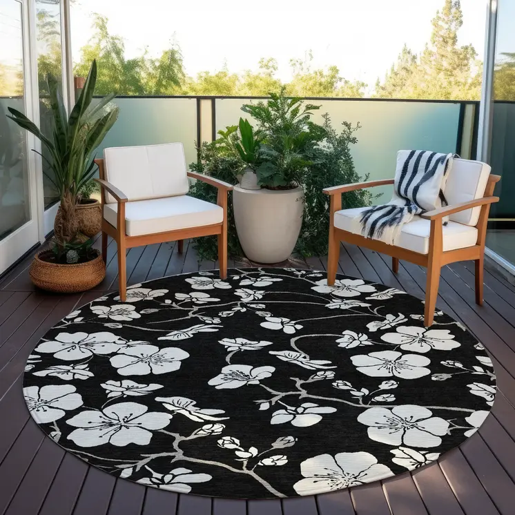 8' Black Ivory And Gray Round Floral Washable Indoor Outdoor Area Rug