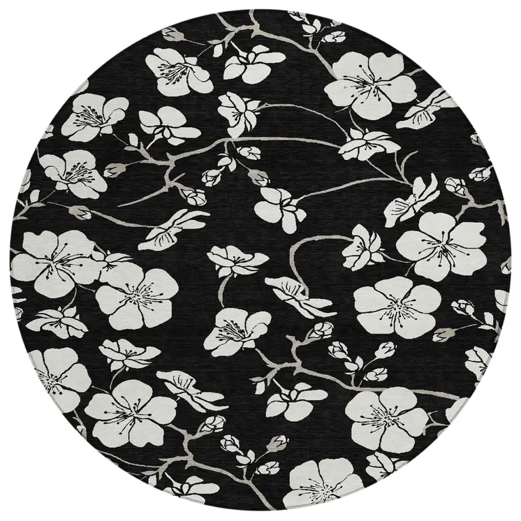 8' Black Ivory And Gray Round Floral Washable Indoor Outdoor Area Rug