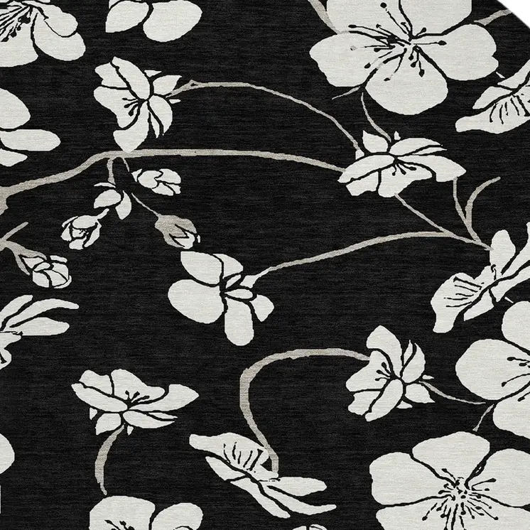 8' Black Ivory And Gray Round Floral Washable Indoor Outdoor Area Rug