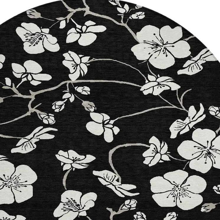 8' Black Ivory And Gray Round Floral Washable Indoor Outdoor Area Rug