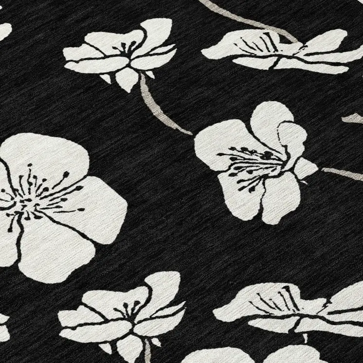 8' Black Ivory And Gray Round Floral Washable Indoor Outdoor Area Rug