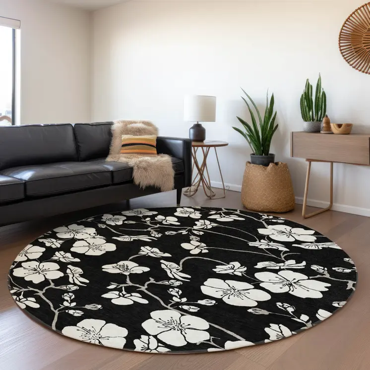 8' Black Ivory And Gray Round Floral Washable Indoor Outdoor Area Rug