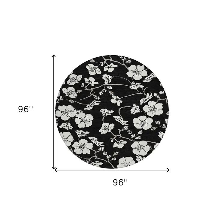 8' Black Ivory And Gray Round Floral Washable Indoor Outdoor Area Rug