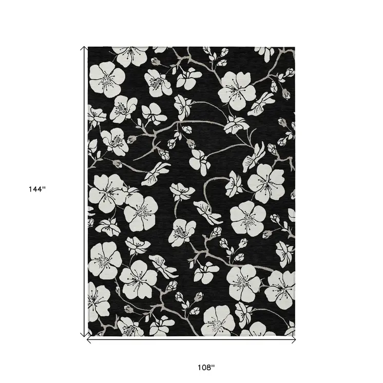 9' X 12' Black Ivory And Gray Floral Washable Indoor Outdoor Area Rug