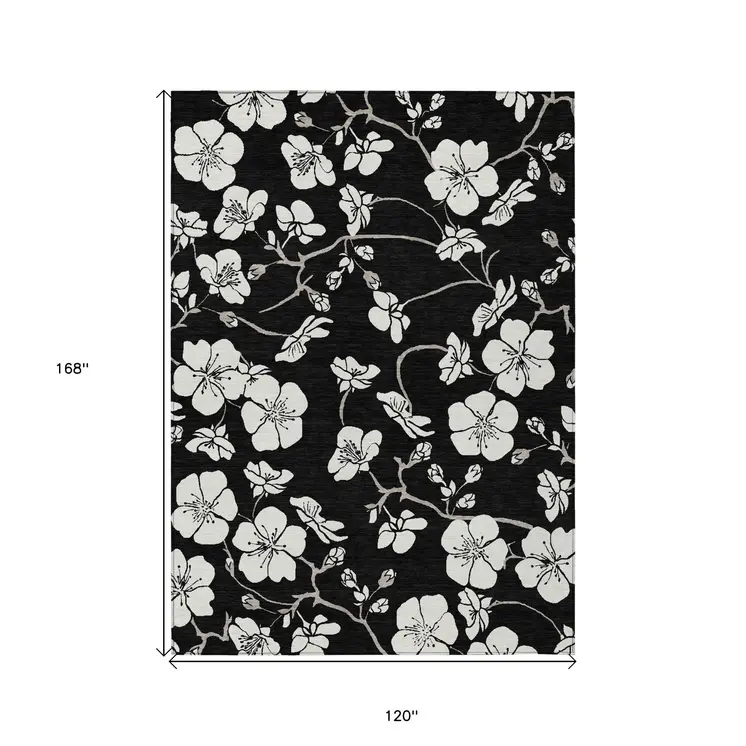 10' X 14' Black Ivory And Gray Floral Washable Indoor Outdoor Area Rug