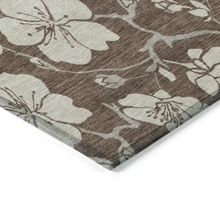 3' X 5' Brown And Beige Floral Washable Indoor Outdoor Area Rug