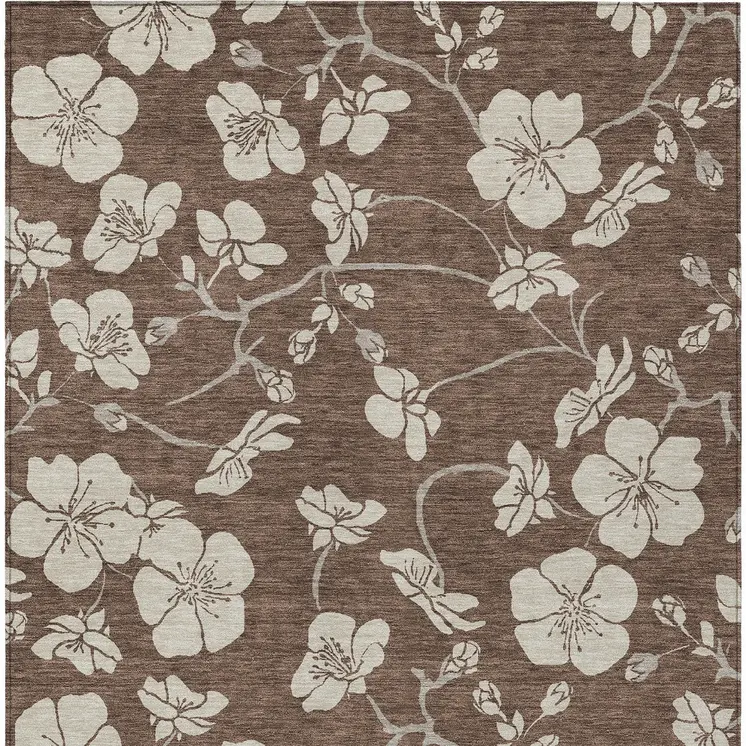 5' X 8' Brown And Beige Floral Washable Indoor Outdoor Area Rug