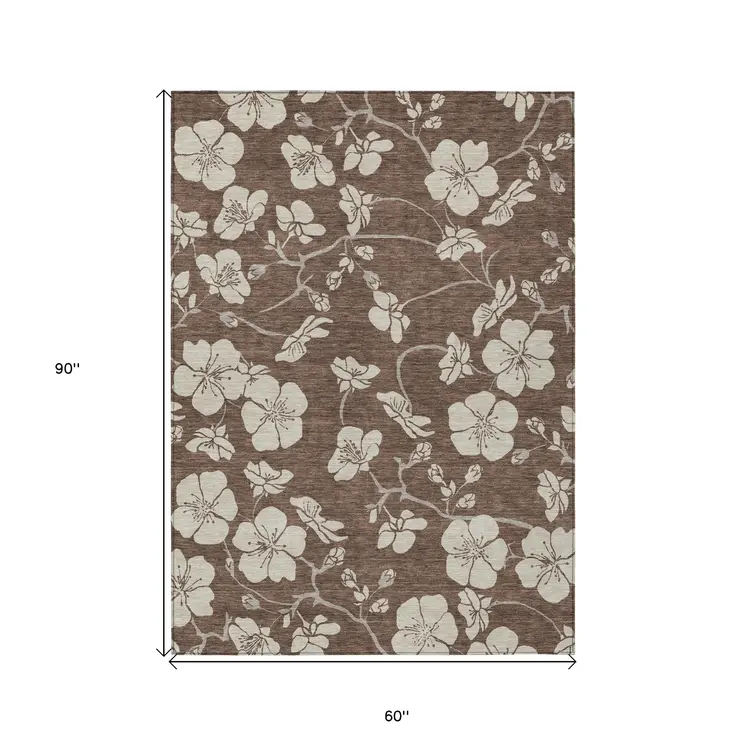 5' X 8' Brown And Beige Floral Washable Indoor Outdoor Area Rug
