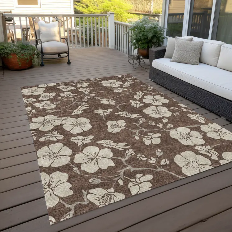 5' X 8' Brown And Beige Floral Washable Indoor Outdoor Area Rug