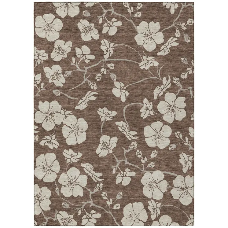 5' X 8' Brown And Beige Floral Washable Indoor Outdoor Area Rug