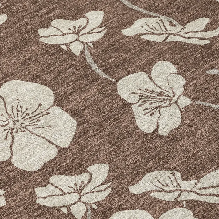 5' X 8' Brown And Beige Floral Washable Indoor Outdoor Area Rug