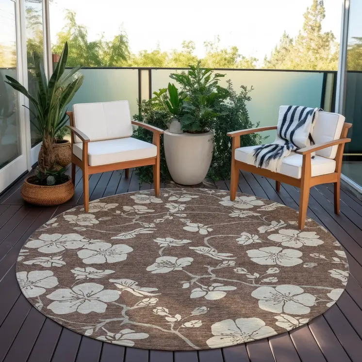 8' Brown And Beige Round Floral Washable Indoor Outdoor Area Rug