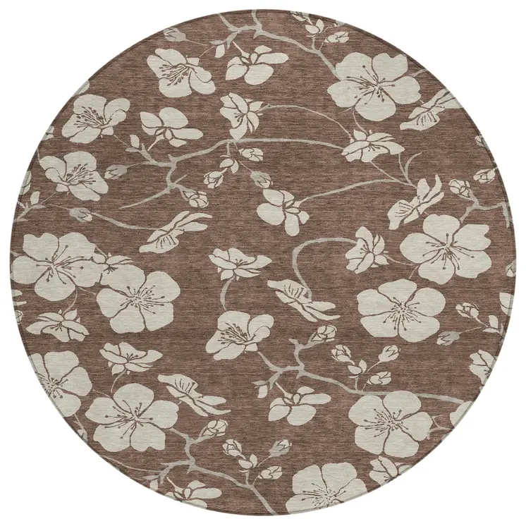 8' Brown And Beige Round Floral Washable Indoor Outdoor Area Rug
