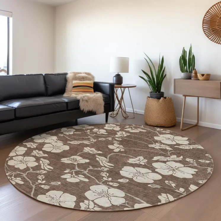 8' Brown And Beige Round Floral Washable Indoor Outdoor Area Rug