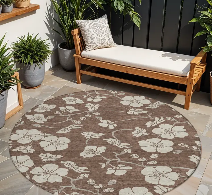 8' Brown And Beige Round Floral Washable Indoor Outdoor Area Rug