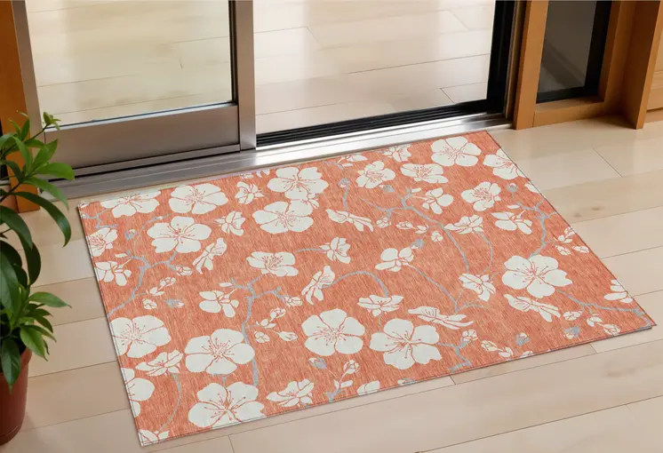 3' X 5' Coral Ivory And Gray Floral Washable Indoor Outdoor Area Rug