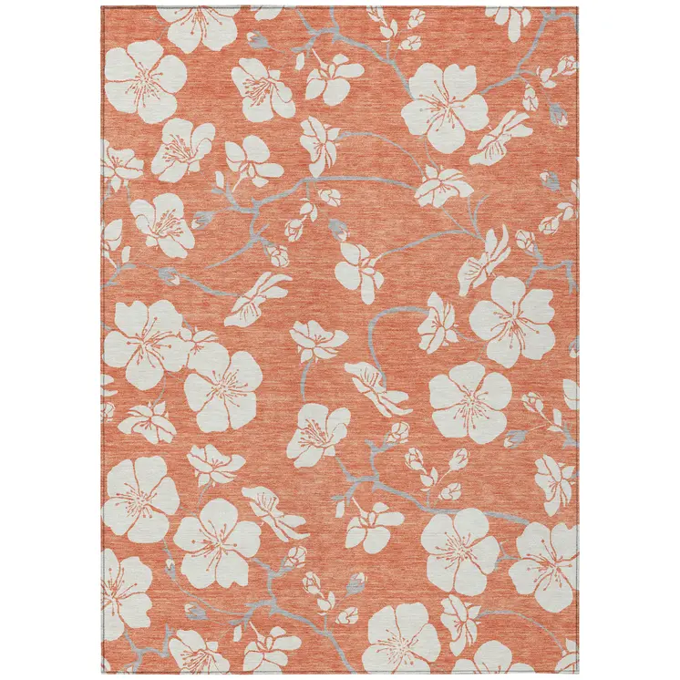 3' X 5' Coral Ivory And Gray Floral Washable Indoor Outdoor Area Rug