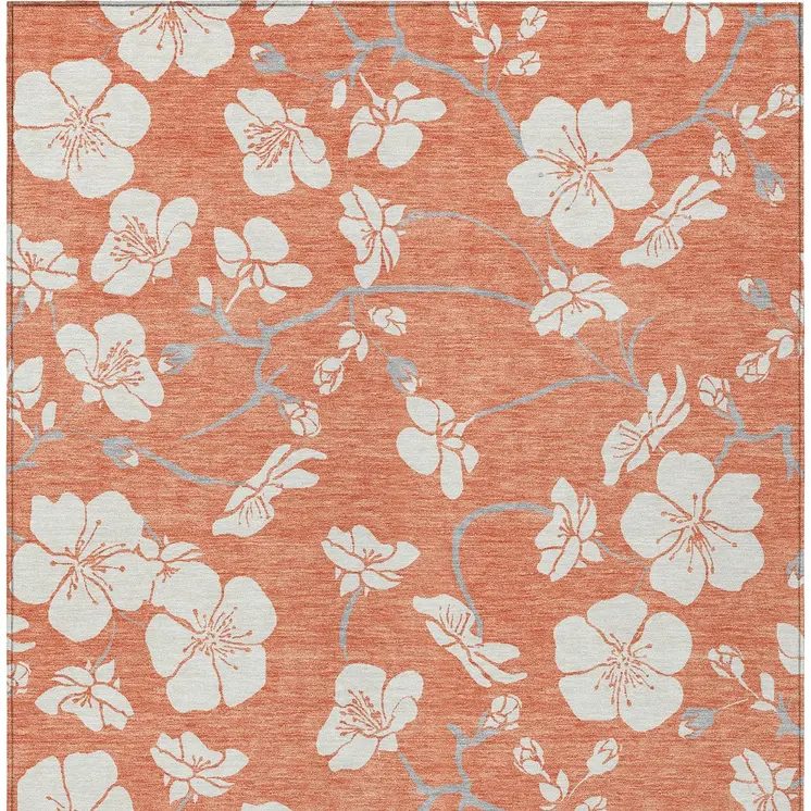 5' X 8' Coral Ivory And Gray Floral Washable Indoor Outdoor Area Rug