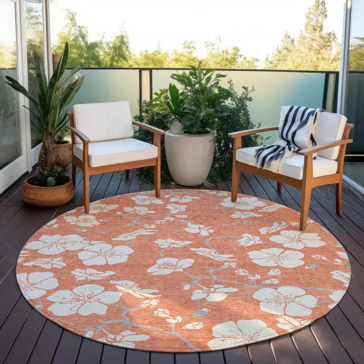 8' Coral Ivory And Gray Round Floral Washable Indoor Outdoor Area Rug