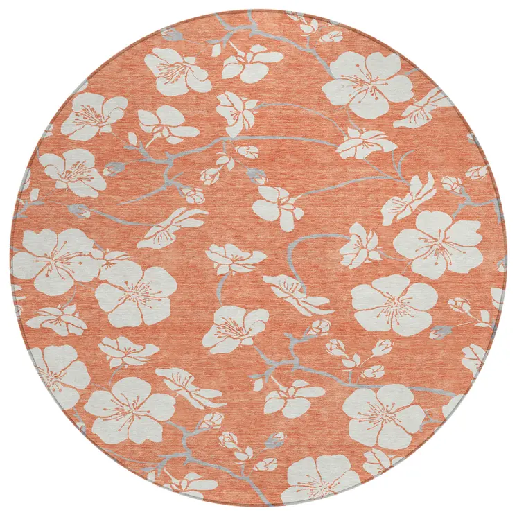 8' Coral Ivory And Gray Round Floral Washable Indoor Outdoor Area Rug
