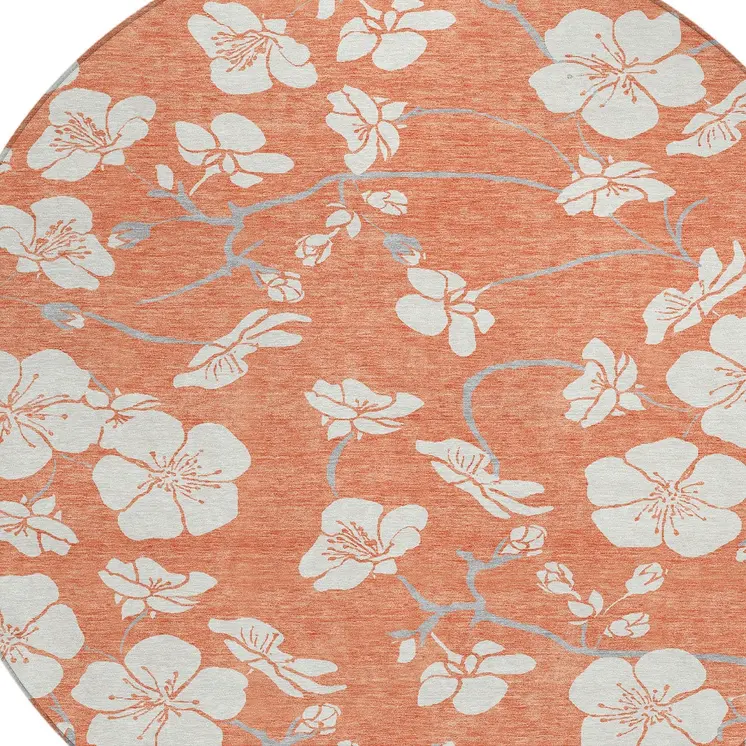 8' Coral Ivory And Gray Round Floral Washable Indoor Outdoor Area Rug