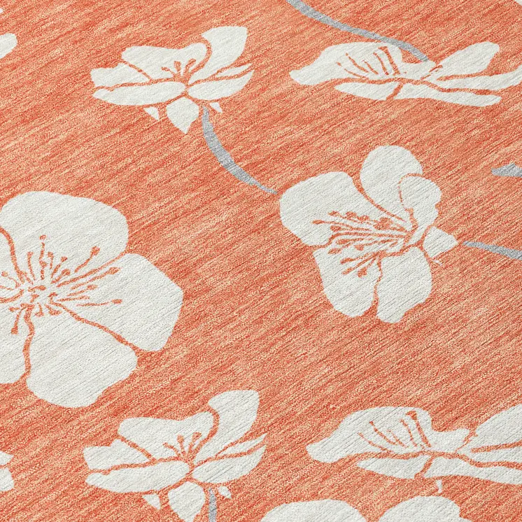 8' Coral Ivory And Gray Round Floral Washable Indoor Outdoor Area Rug