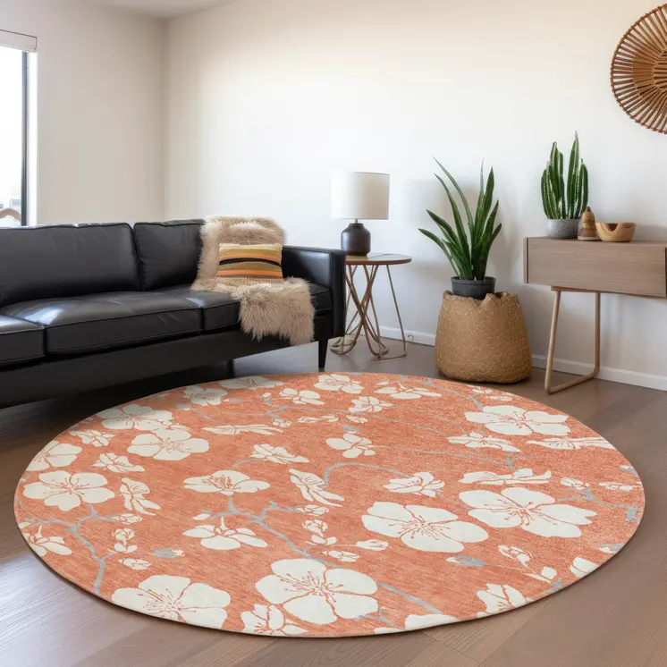 8' Coral Ivory And Gray Round Floral Washable Indoor Outdoor Area Rug