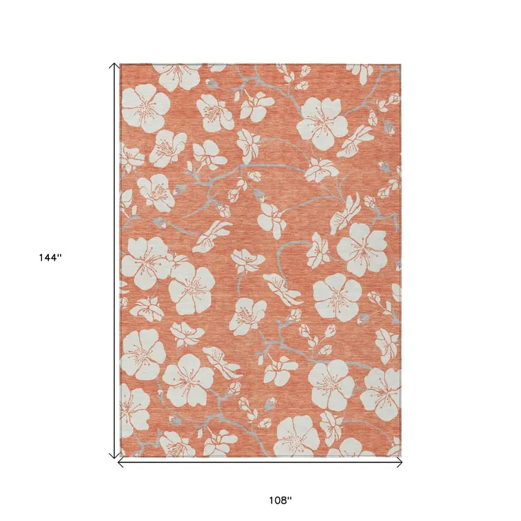 9' X 12' Coral Ivory And Gray Floral Washable Indoor Outdoor Area Rug