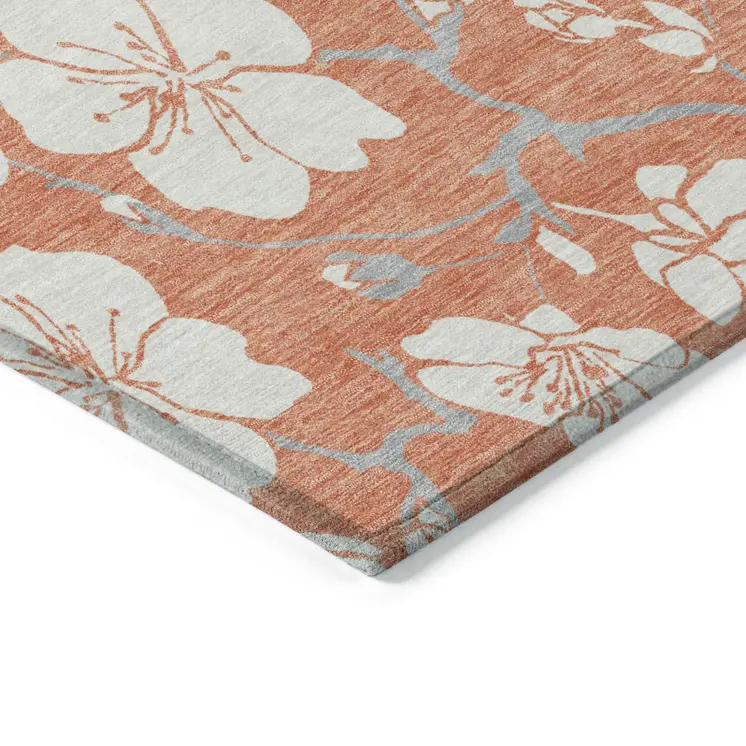 9' X 12' Coral Ivory And Gray Floral Washable Indoor Outdoor Area Rug