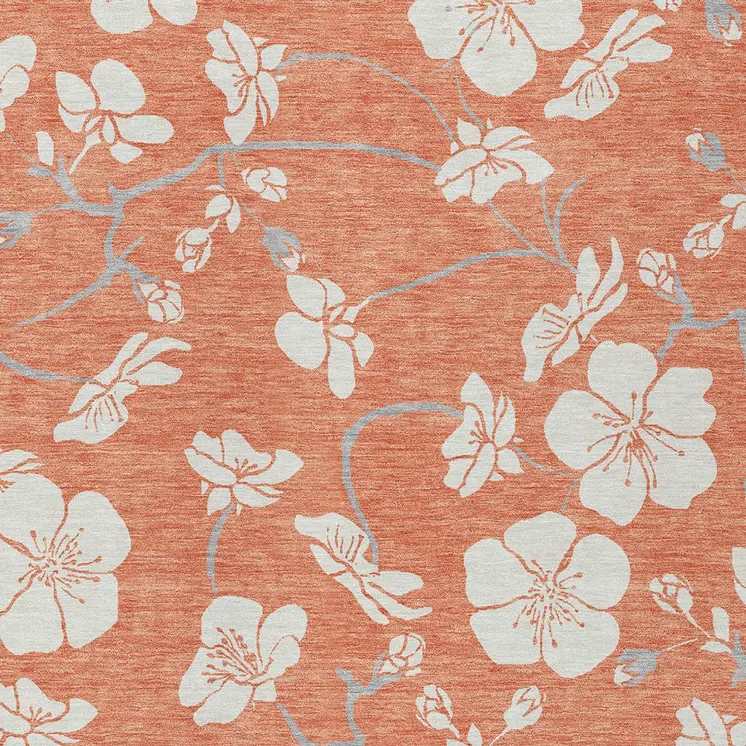 9' X 12' Coral Ivory And Gray Floral Washable Indoor Outdoor Area Rug