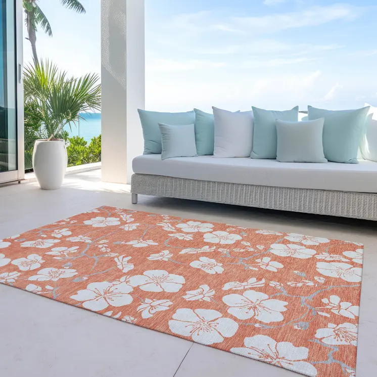 9' X 12' Coral Ivory And Gray Floral Washable Indoor Outdoor Area Rug