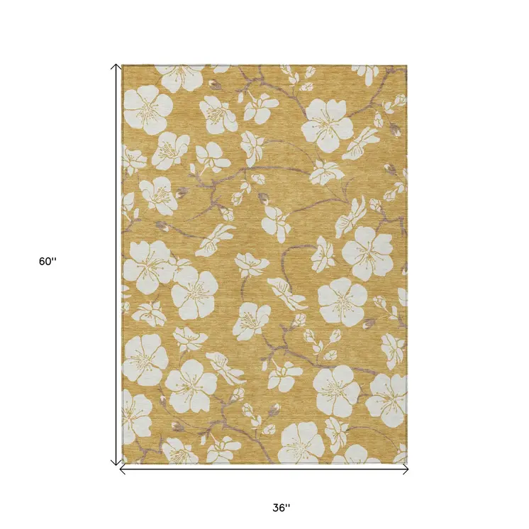 3' X 5' Gold Ivory And Brown Floral Washable Indoor Outdoor Area Rug