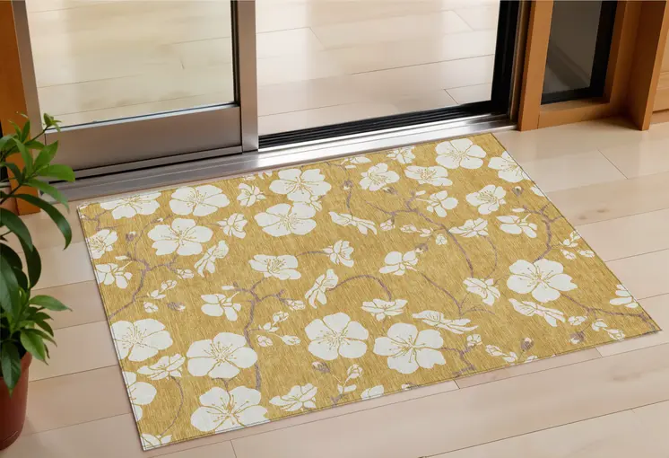 3' X 5' Gold Ivory And Brown Floral Washable Indoor Outdoor Area Rug