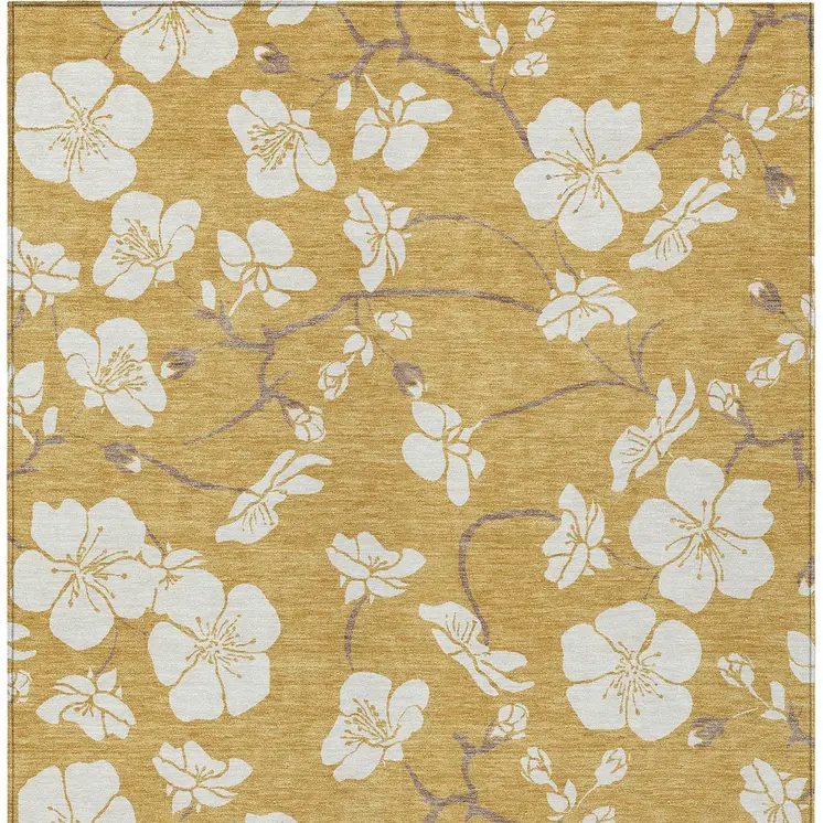 5' X 8' Gold Ivory And Brown Floral Washable Indoor Outdoor Area Rug
