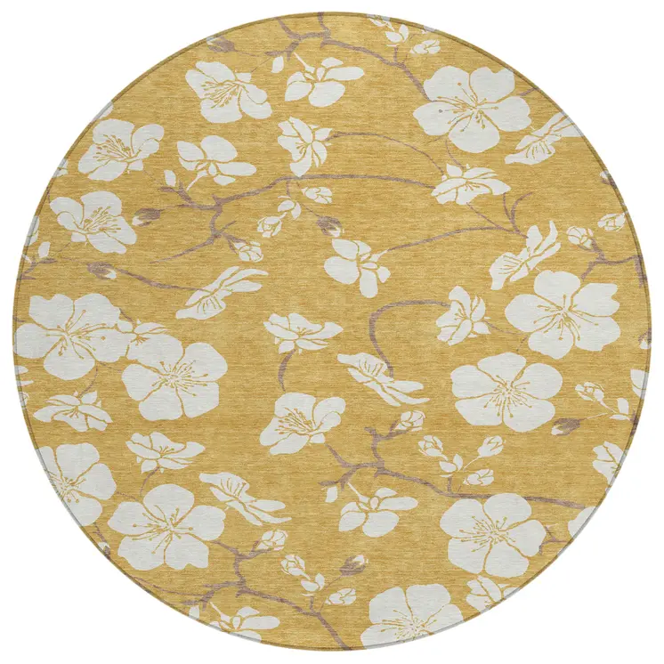 8' Gold Ivory And Brown Round Floral Washable Indoor Outdoor Area Rug