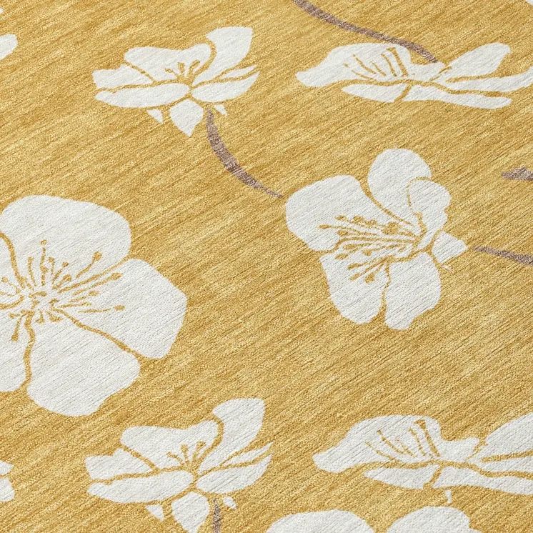 8' Gold Ivory And Brown Round Floral Washable Indoor Outdoor Area Rug