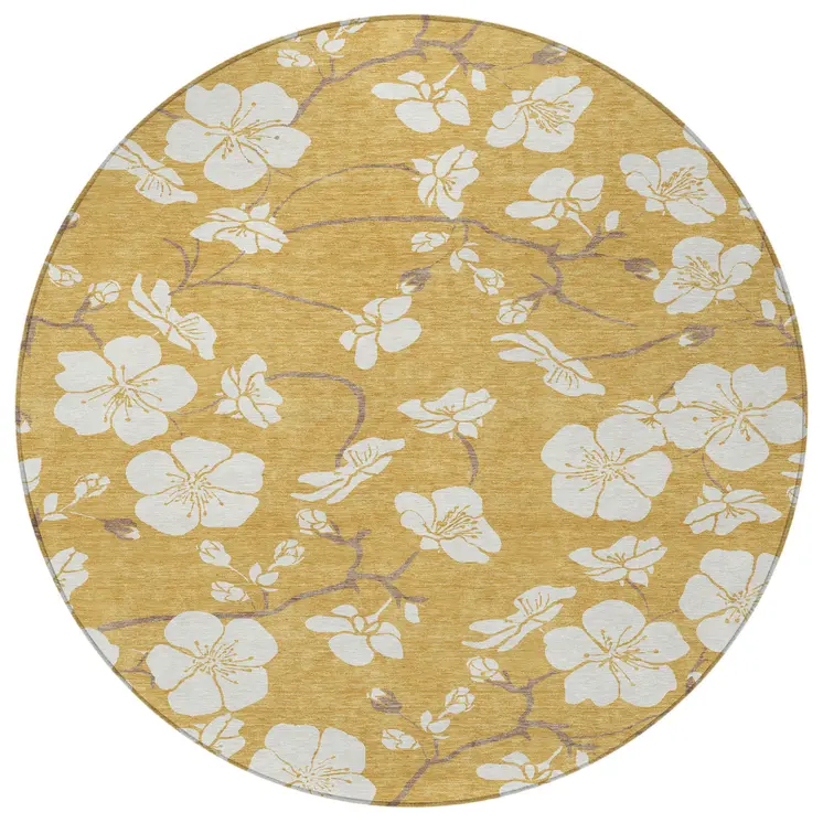 8' Gold Ivory And Brown Round Floral Washable Indoor Outdoor Area Rug
