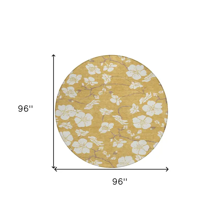 8' Gold Ivory And Brown Round Floral Washable Indoor Outdoor Area Rug